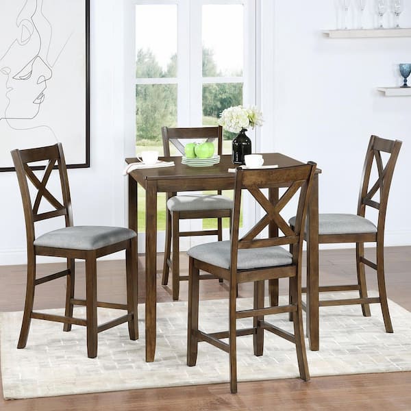 Cavello Country 5 Piece Walnut Finish Square MDF Wood Counter Height Dining Table Set with Upholstered Chair, Seats 4