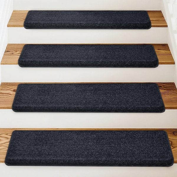 Black 9.5 in. x 30 in. x 1.2 in. Bullnose Indoor Non-slip Carpet Stair Tread Cover Tape Free Non Slip (Set of 7)