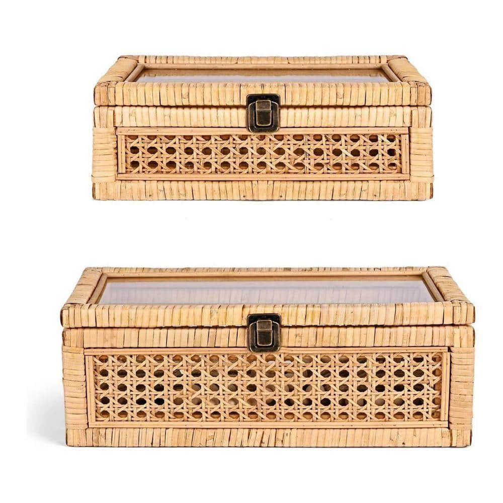 Angel Sar 12.2 in. x 7 in. Rattan Wicker Beige Decorative Box (Set