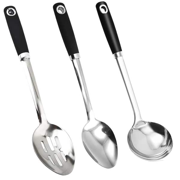 3-Piece 18/0 Stainless Steel Serving Spoon Set, 14-in Slotted Spoon, Solid Cooking Spoon and Soup Ladle