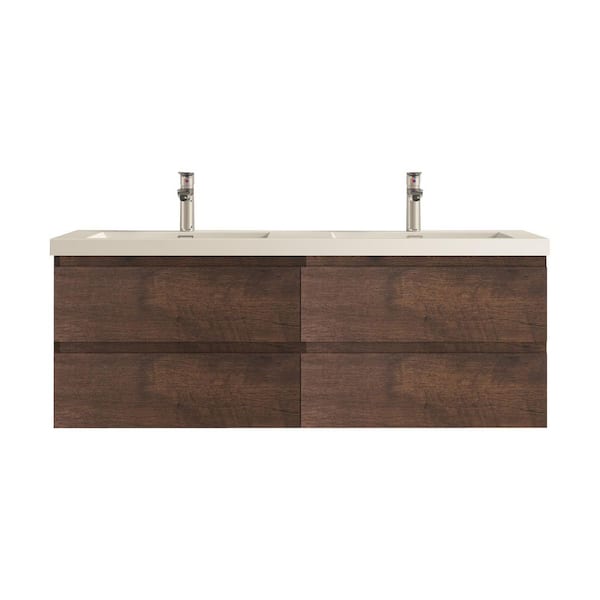 Angela 60 in. Double Rose Wood Bath Vanity Wall-Mounted Floating Vanities with Gloss White Resin Stone Top 4-Drawers