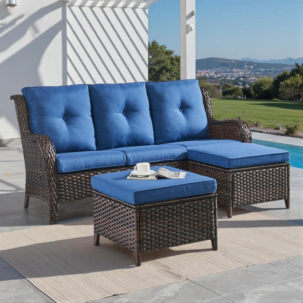 Brown 3-Piece Wicker Outdoor Patio Seating Conversation Set Sectional Sofa and Ottoman with Blue Cushions price history on PriceWatchPro