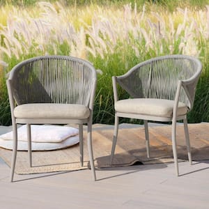 Aluminum and Woven Rope Outdoor Arm Dining Chair with Removable Beige Cushions (2-Pack)