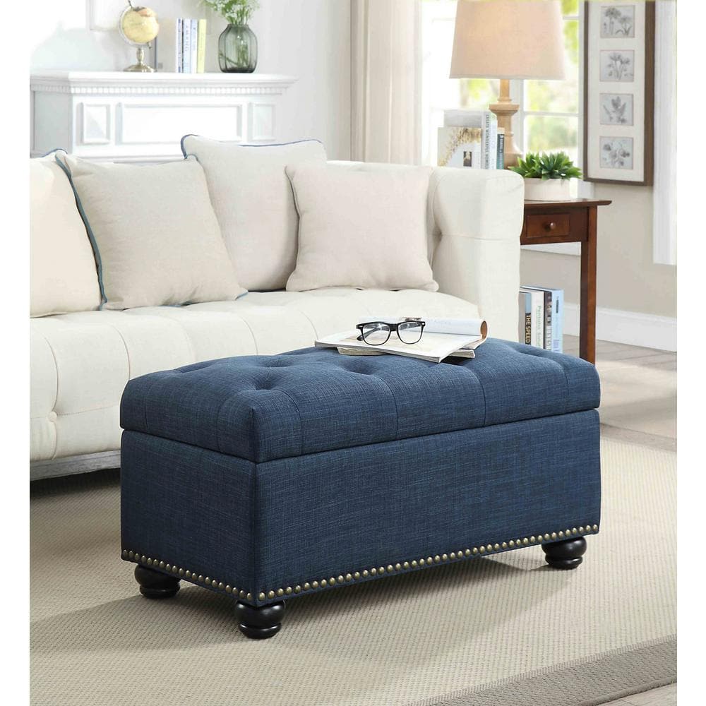 Elegant Blue Velvet Tufted Footstool with Nailhead Trim and Storage