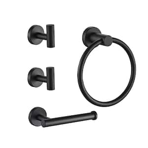 Bathroom Accessory Set With Robe Hooks,Towel Ring,Toilet Paper Holder in Matte Black 4-Piece