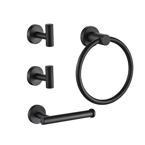 FORIOUS Bathroom Accessory Set With Robe Hooks,Towel Ring,Toilet Paper Holder in Matte Black 4-Piece