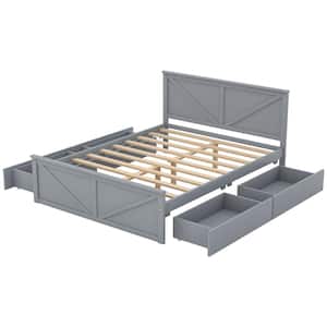 Gray Wood Frame Queen Size Platform Bed with 4 Drawers