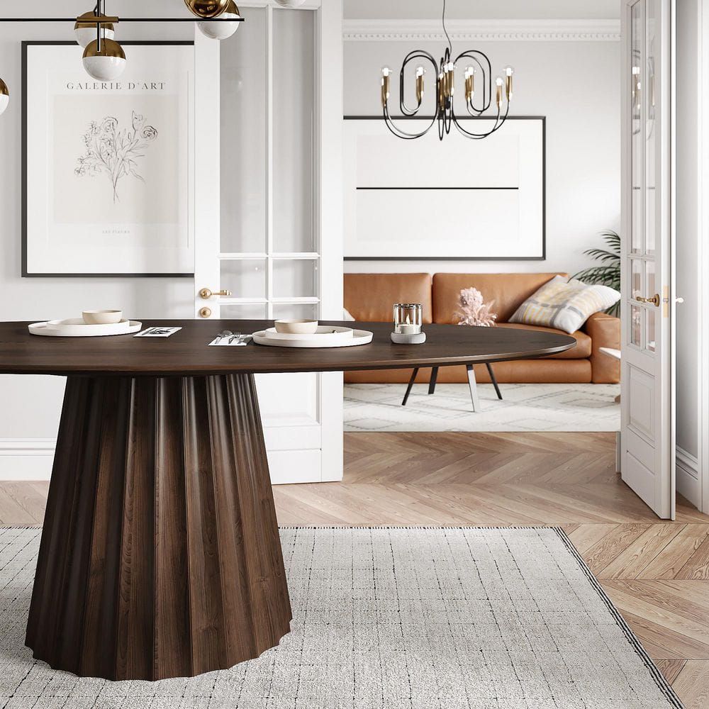 Modern Walnut Solid Wood 67 in. Pedestal Dining Table Seats 6