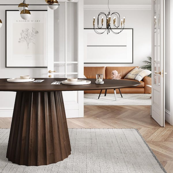 Modern Walnut Solid Wood 67 in. Pedestal Dining Table Seats 6