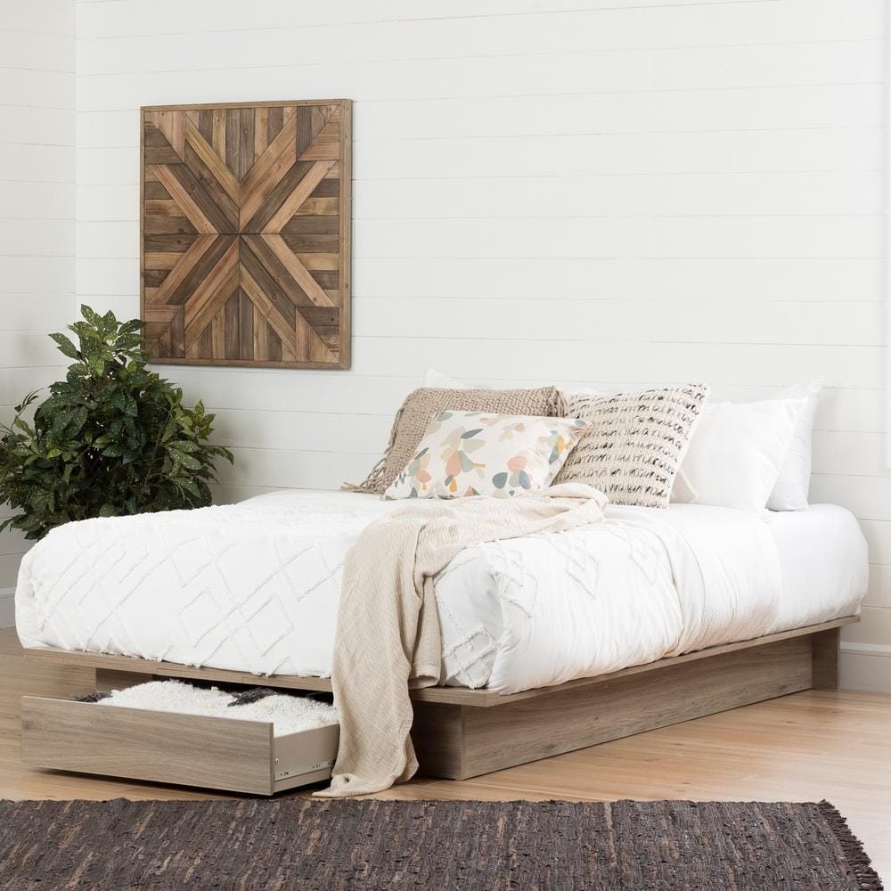 Queen Rustic Oak Platform Bed with Storage Drawer