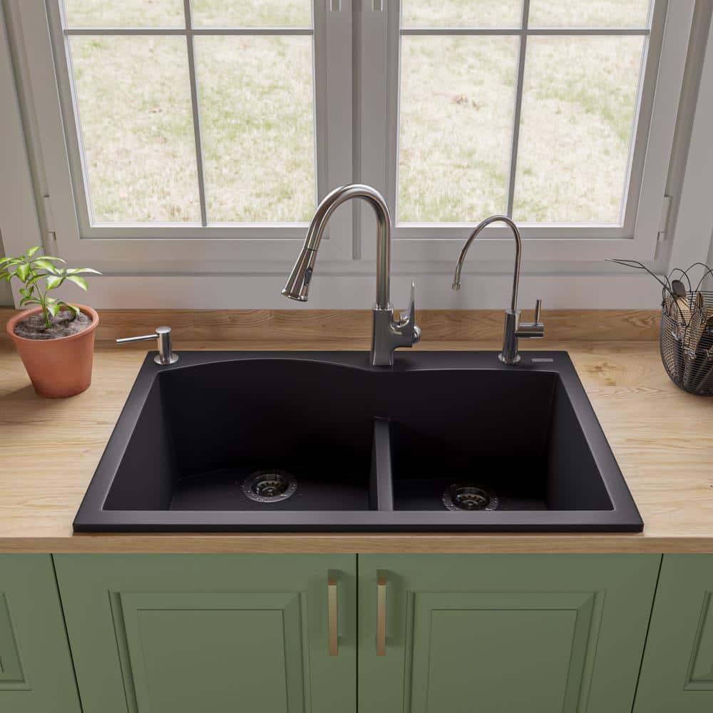 33'' Black Granite Double Bowl Drop-In Kitchen Sink