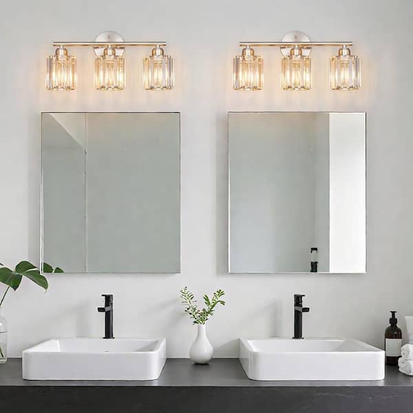 HomeLighting 18.89 in. 3-Light BrushedNickel Vertical Bathroom Crystal Vanity Light Over Mirror for Dressing Table Sink