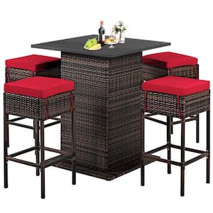 5-Piece Wicker Outdoor Serving Bar Set Patio Rattan Bar Table Stool Set with Red Cushions and Hidden Storage Shelf