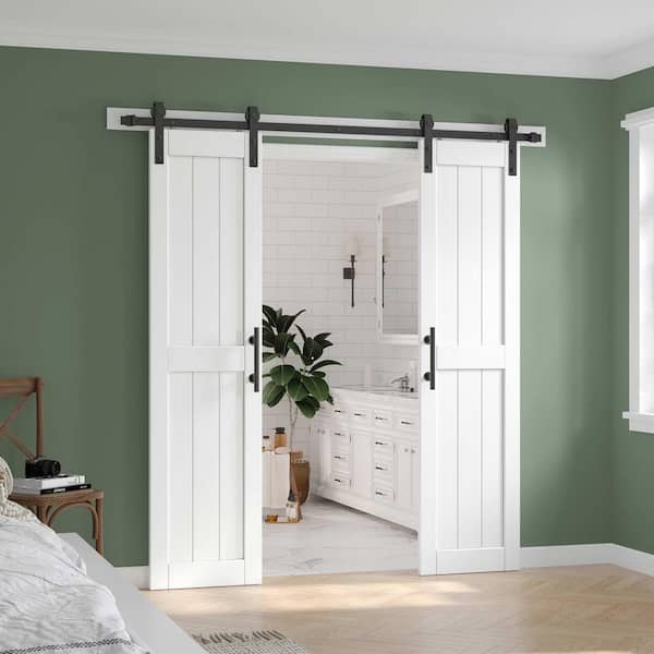 42 in. x 84 in. (Double 21 in.) White Paneled H Shape Solid MDF Sliding Barn Door with Hardware Kit