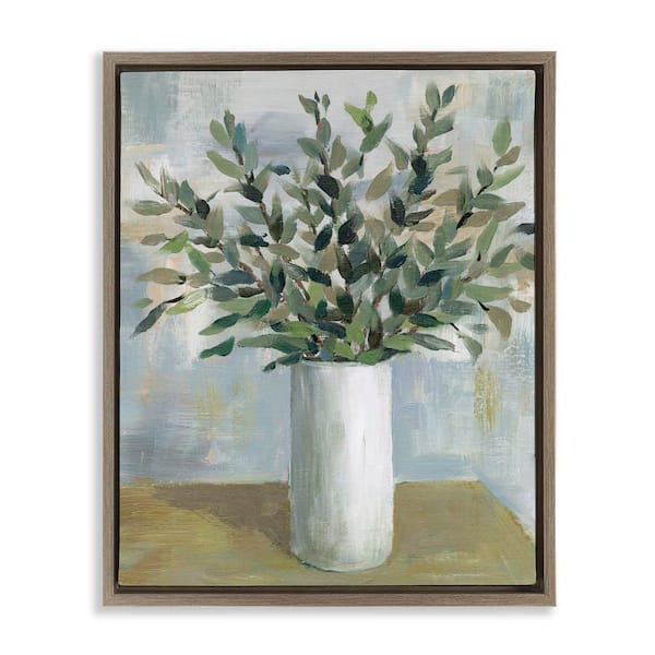 Stupell Industries Leafy Green Plant Vase by Cloverfield & Co. Brown Floater Frame Nature Graphic Art Print 21 in. x 17 in.