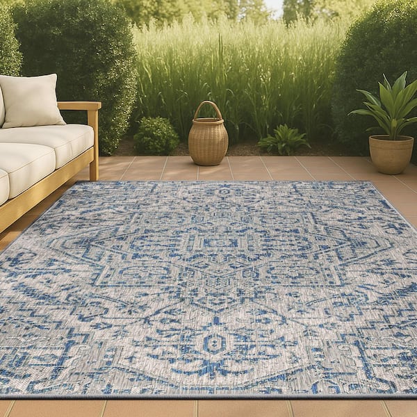 Estrella Navy/Gray 9 ft. x 12 ft. Bohemian Medallion Textured Weave Indoor/Outdoor Area Rug