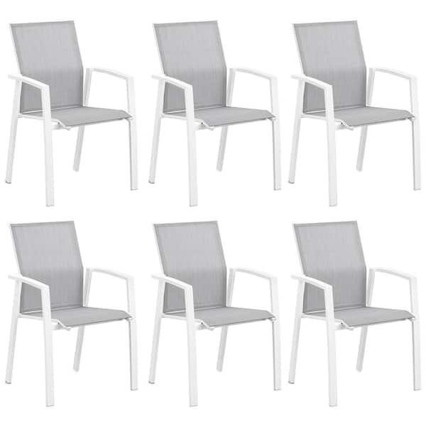Anvil White Aluminum Stackable Outdoor Dining Chair Texilene Mesh Fabric Patio Dining Chairs with Armrest Set of 6