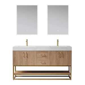 Alistair 60 in. Bath Vanity in North American Oak with Grain Stone Top in White with White Basin and Mirror