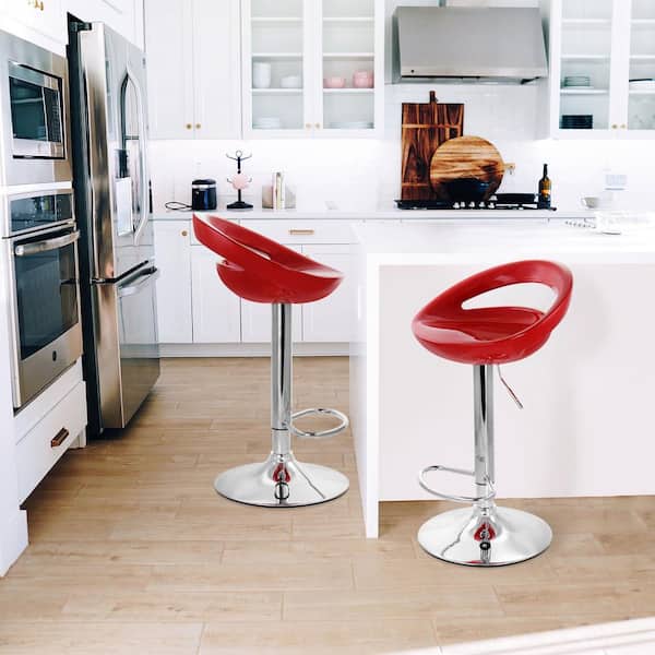 29 in Red and Chrome Low Back Plastic Bar Stool with Adjustable Height (Set of 2)