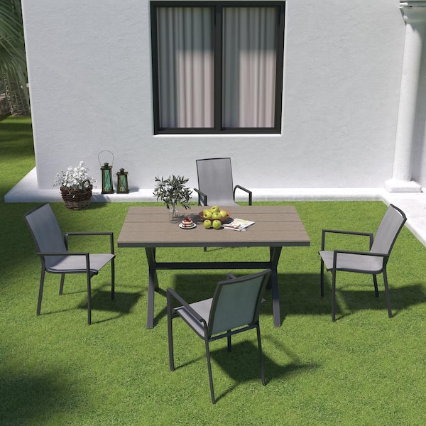 Clihome 5-Pieces Outdoor Patio Dining Set with 4 Stackable Aluminum Dining Chair 59 in. x 36 in. Rectangular Wood Dining Table