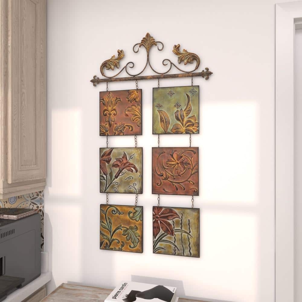 Multi-Colored Metal Botanical Wall Sculpture with Embossed Panels