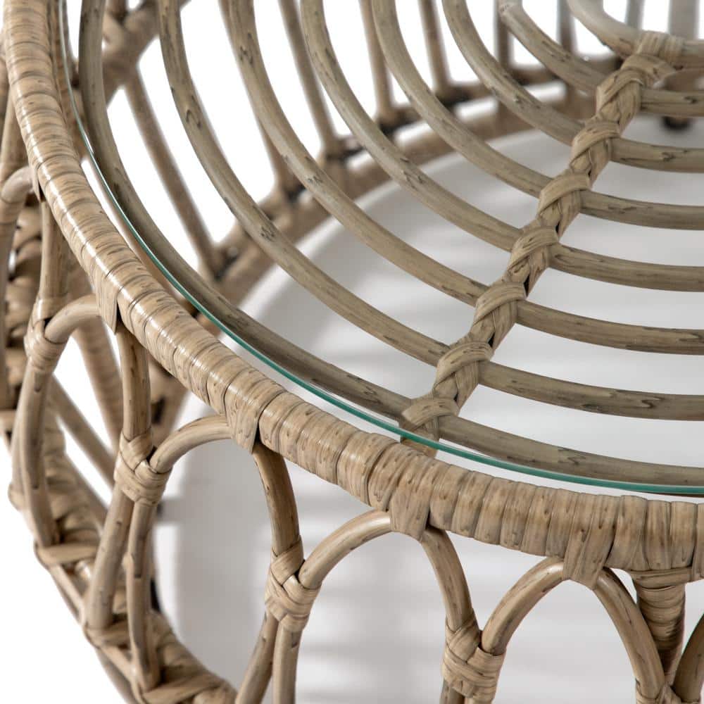 Natural Boho Rattan Round Coffee Table with Glass Top