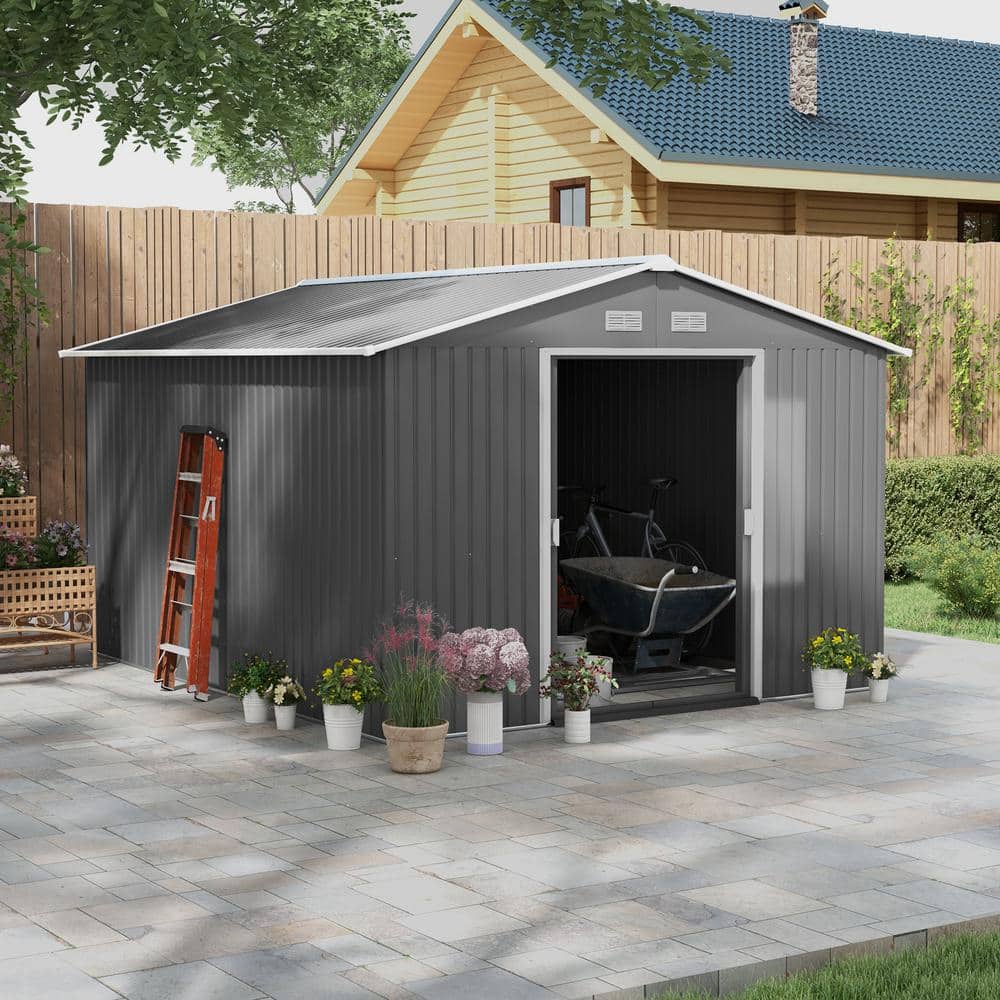 Outsunny 11' x 9' Gray Metal Storage Shed Kit with Windows