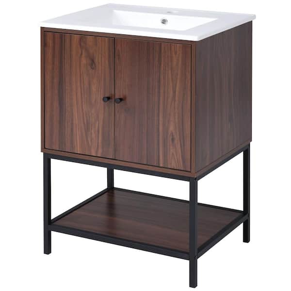 Unbranded 24 in. W x 18.1 in. D x 33.8 in. H Freestanding Bath Vanity in Walnut with White Ceramic Top