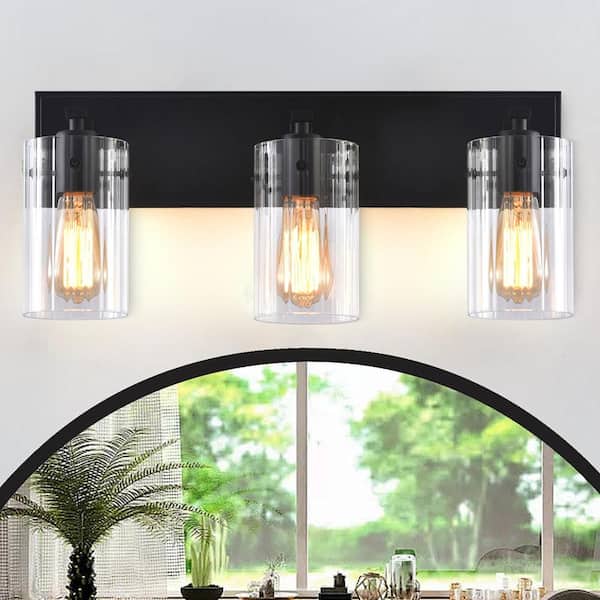 20.87 in. 3-Light Matte Black Bathroom Vanity Light with Clear Glass Shade