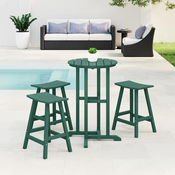 Laguna 4-Piece HDPE Weather Resistant Outdoor Patio Counter Height Bistro Set with Saddle Seat Barstools, Dark Green