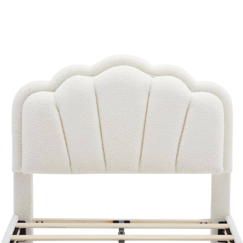 White Sherpa Fabric Upholstered Twin Platform Bed with LED Flower Headboard