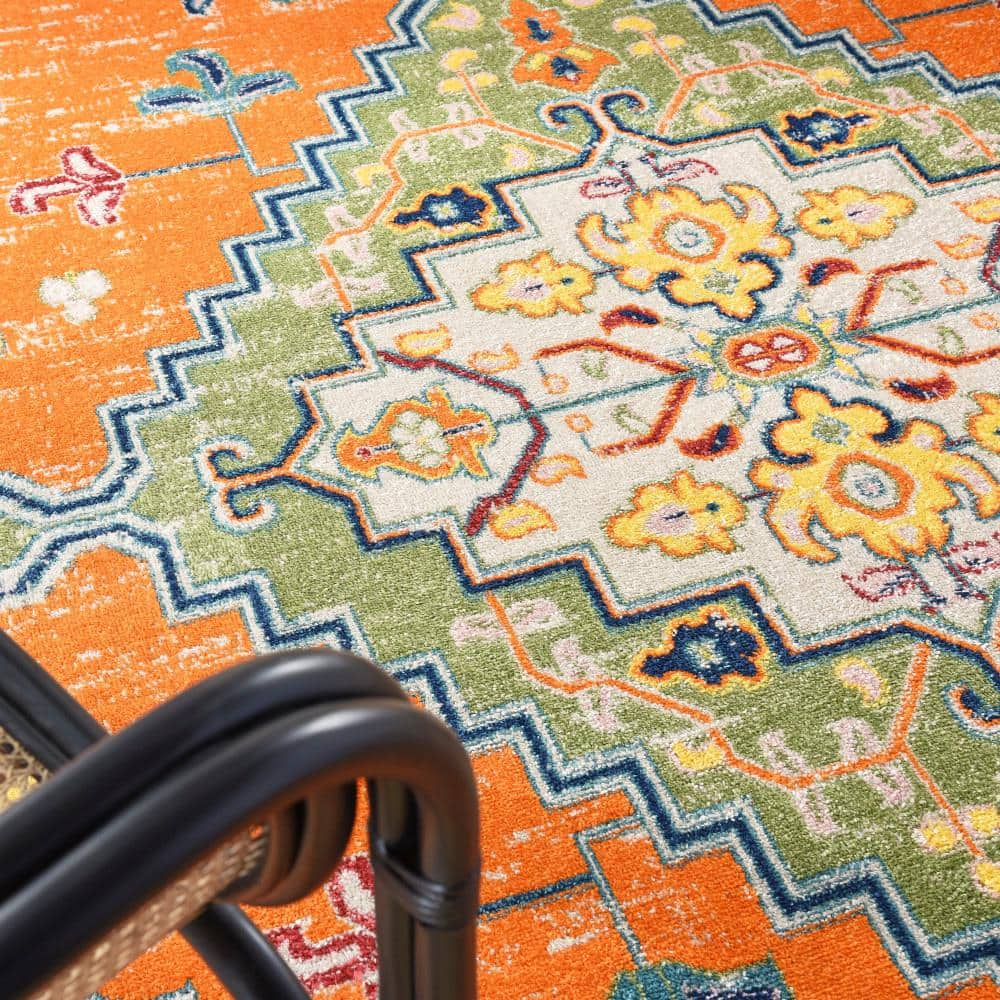 Bohemian Medallion 9' x 12' Orange Multicolor Easy-Care Area Rug