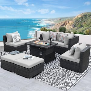 Luxury 7-Piece Charcoal Wicker Patio Fire Pit Conversation Sectional Deep Seating Sofa Set with Light Grey Cushions