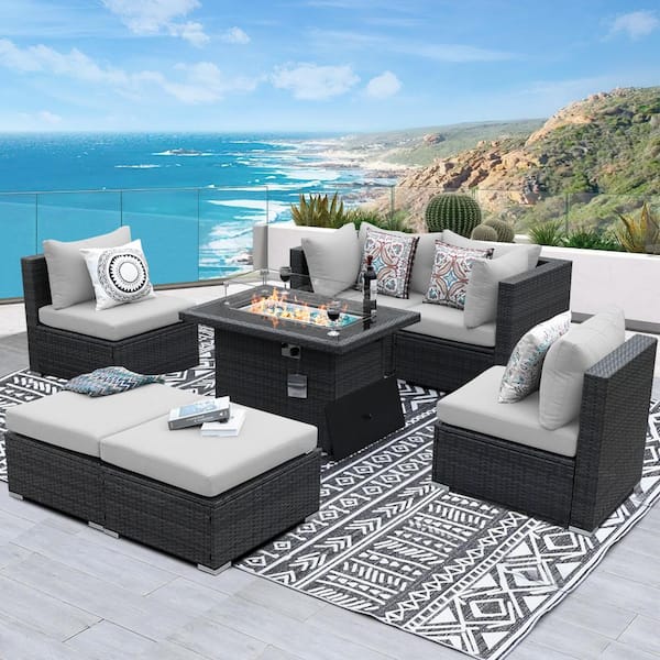NICESOUL Luxury 7-Piece Charcoal Wicker Patio Fire Pit Conversation Sectional Deep Seating Sofa Set with Light Grey Cushions