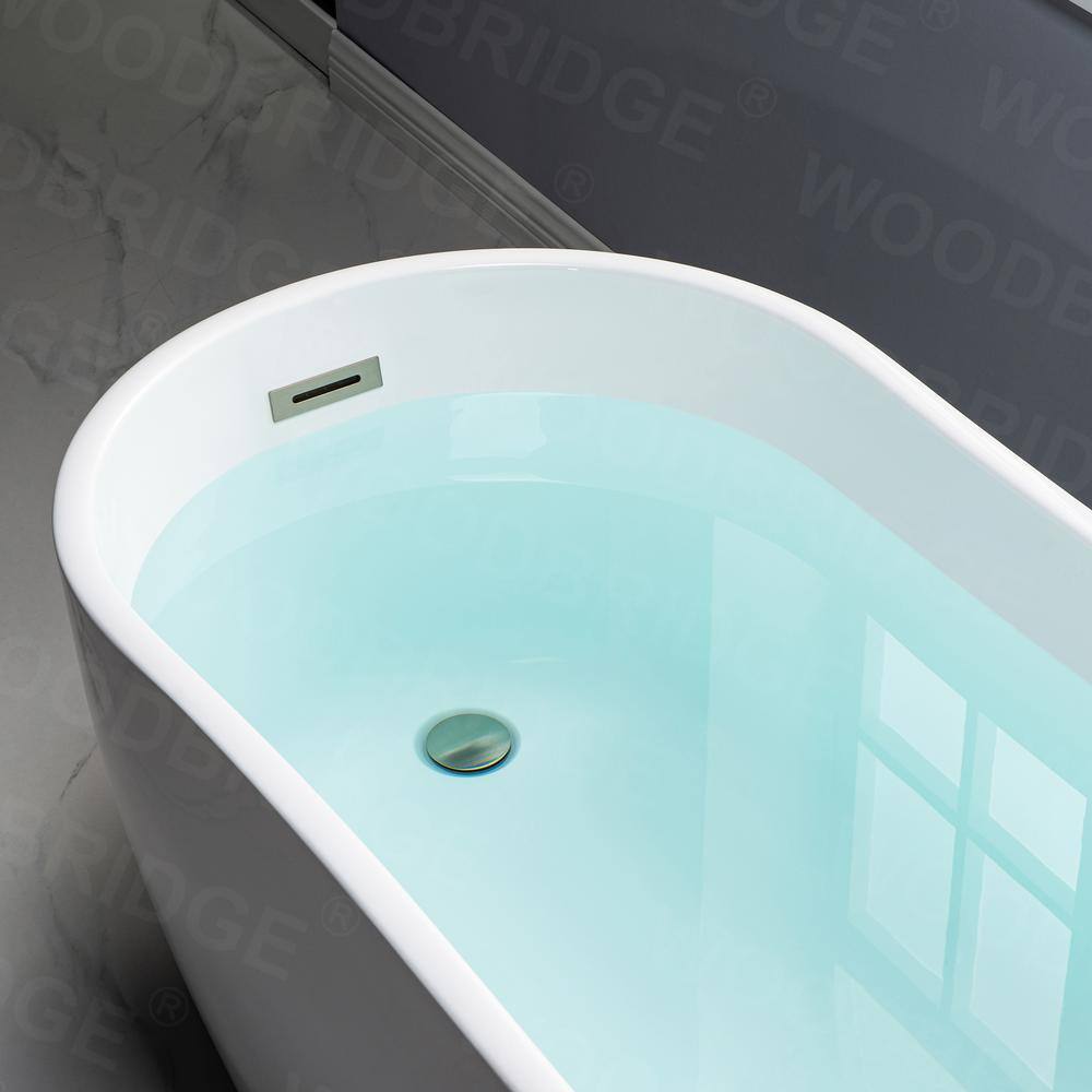 59" White Acrylic Freestanding Single Slipper Bathtub with Brushed Nickel Trim