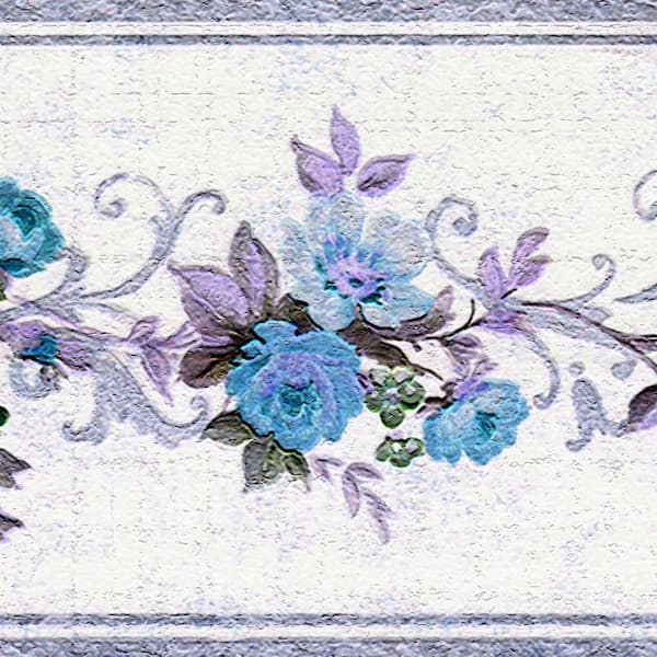 Dundee Deco Falkirk Dandy II Purple Blue Flowers on Vines Damask Peel and Stick Wallpaper Border