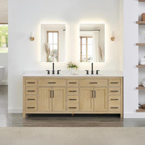 Beckett 84 in. Double Freestanding Whitewashed Oak Bath Vanity with Carrara Cultured Marble Top