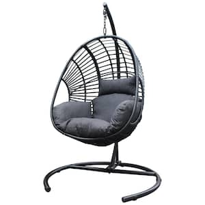 1-Person Black Metal Patio Swing Egg Chair with Stand and Gray Cushion