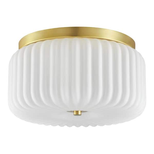 Home Decorators Collection Caroline 11 in. 2-Light Aged Brass Flush Mount with Frosted Glass Shade