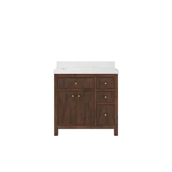 Willow Collections Sonoma Teak 36 in. Left Offset Sink Freestanding Dark Walnut Bath Vanity with Empira White Quartz Top Unassembled