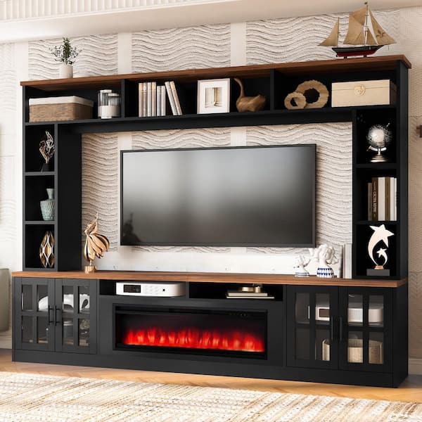 Black and Brown TV Stand Entertainment Center Fits TVs up to 80 in. with Electric Fireplace Cabinets, Bookshelves