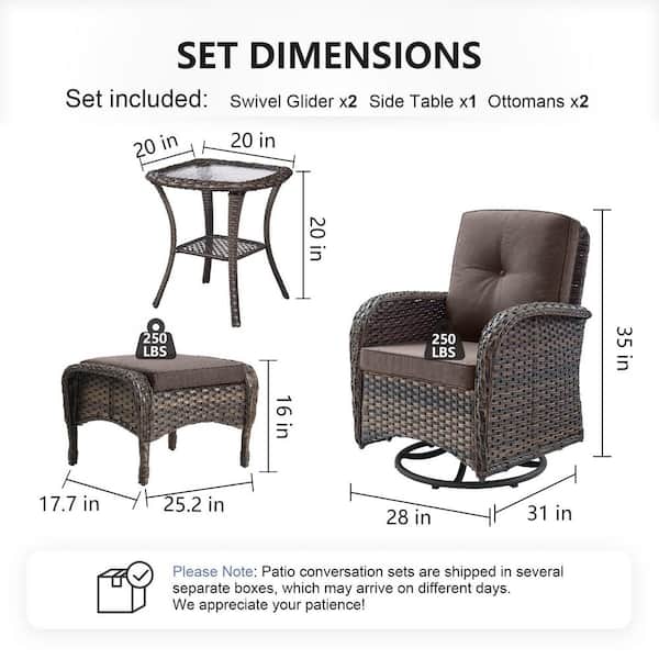 SleekArm 5-Piece Brown Wicker Outdoor Rocking Chair with Olefin Gray Cushions Patio Swivel Chairs and Ottomans