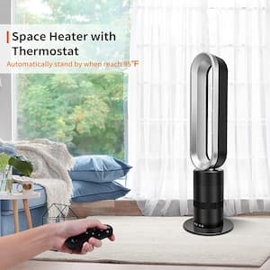 32 in. Space Heater Bladeless Tower Fan Combo, 9H Timer 10 Speeds w/Remote Control, Air Circulator Fan, Black & Grey