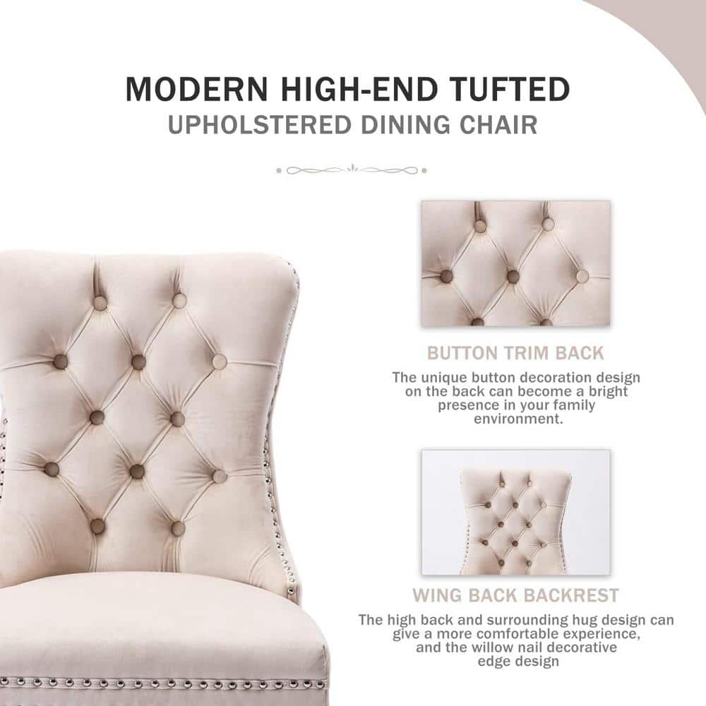 Beige Velvet Upholstered High Back Side Chair Set