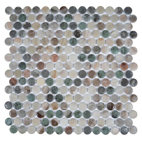 Lucenza 4 x 5 in. Green Beige Matte Recycled Glass Penny Round Mosaic Wall and Floor Tile Sample