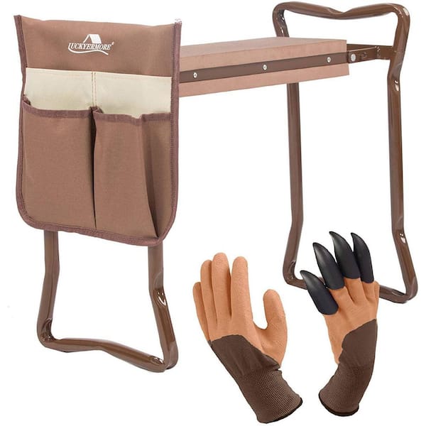 Unbranded Garden Kneeler and Seat Foldable Soft Kneeling Bench Stool with Gardening Gloves and Removable Tool Pouch, Brown