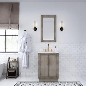 Hugo 24 in. W x 22 in. D Bath Vanity in Grey Oak with Marble Vanity Top in White with White Basin and Gooseneck Faucet