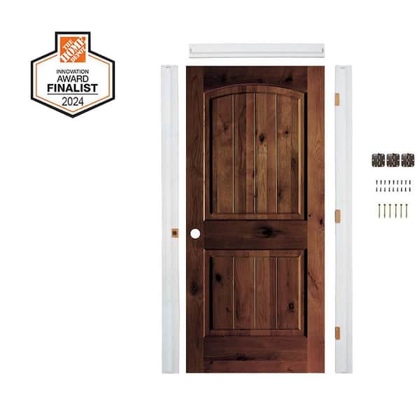 DIY 24 in. x 80 in. Alder 2-Panel RH Top Arch VG Red Mahogany Stain Wood Single Interior Door Kit w/ Quick Assemble Jamb