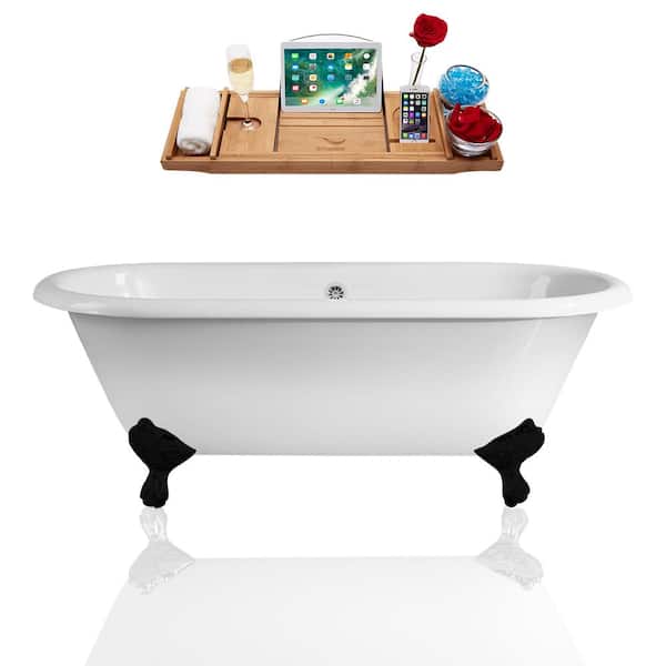 Streamline 66 in. x 30 in. Cast Iron Clawfoot Soaking Bathtub in Glossy White with Matte Black Clawfeet and Polished Chrome Drain