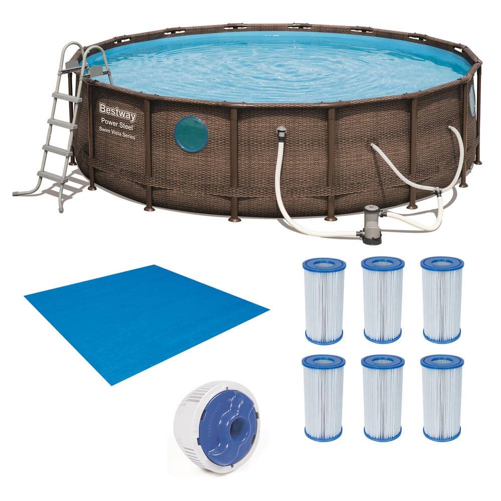 Bestway 16 ft. Round 48 in. x 42 in. D Brown Hard Sided Metal Frame Steel Swim Vista Pool Set with Accessories, 6 filters, Light -  145236